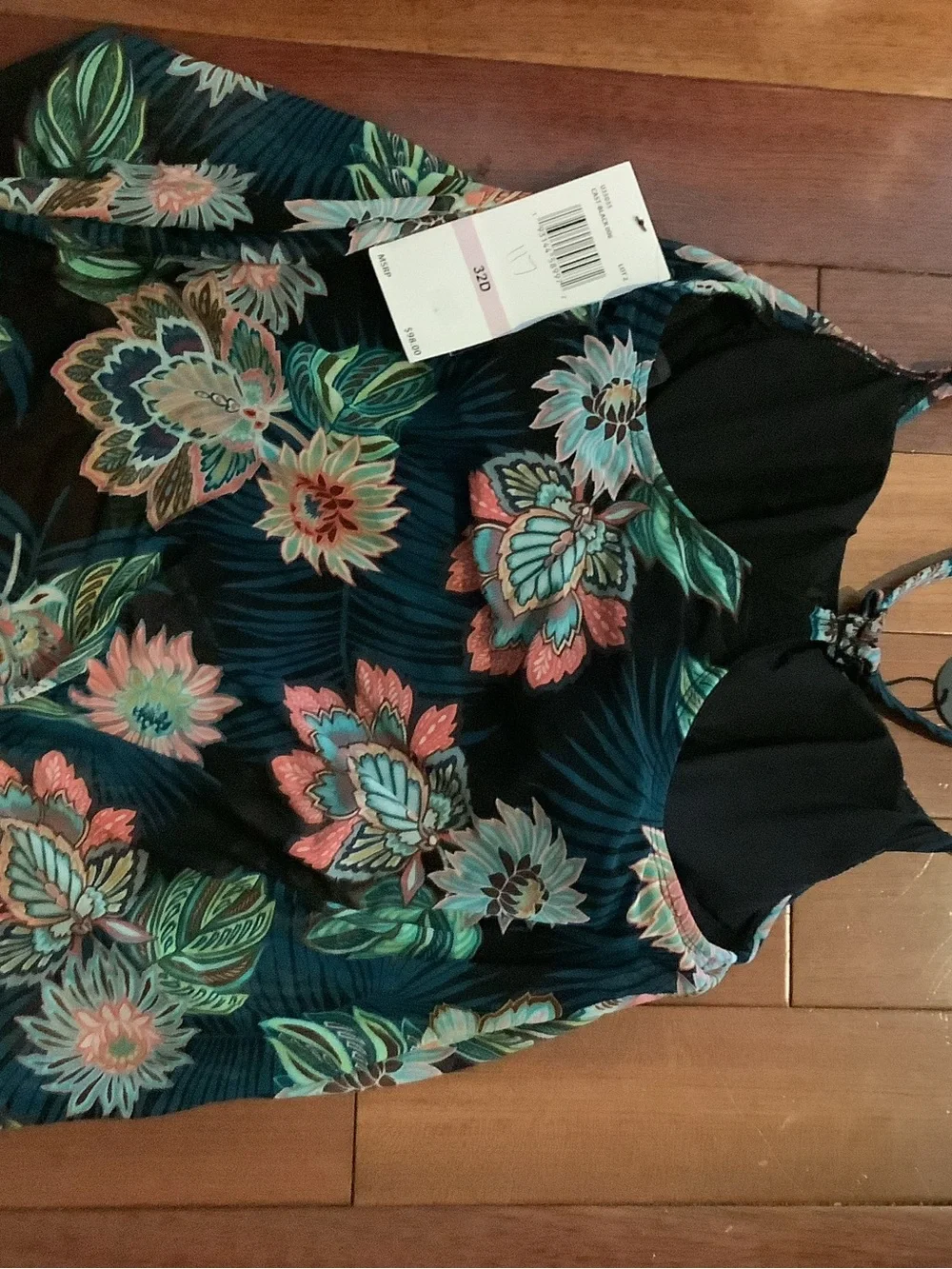 Coco Reef Black Floral Swim Tankini Top with Green and Pink Print size 32D NWT - Picture 2 of 2
